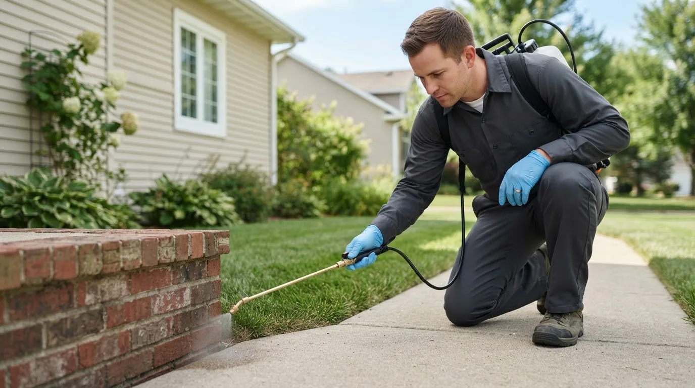 Pest control technician treating a home near La Farge, WI