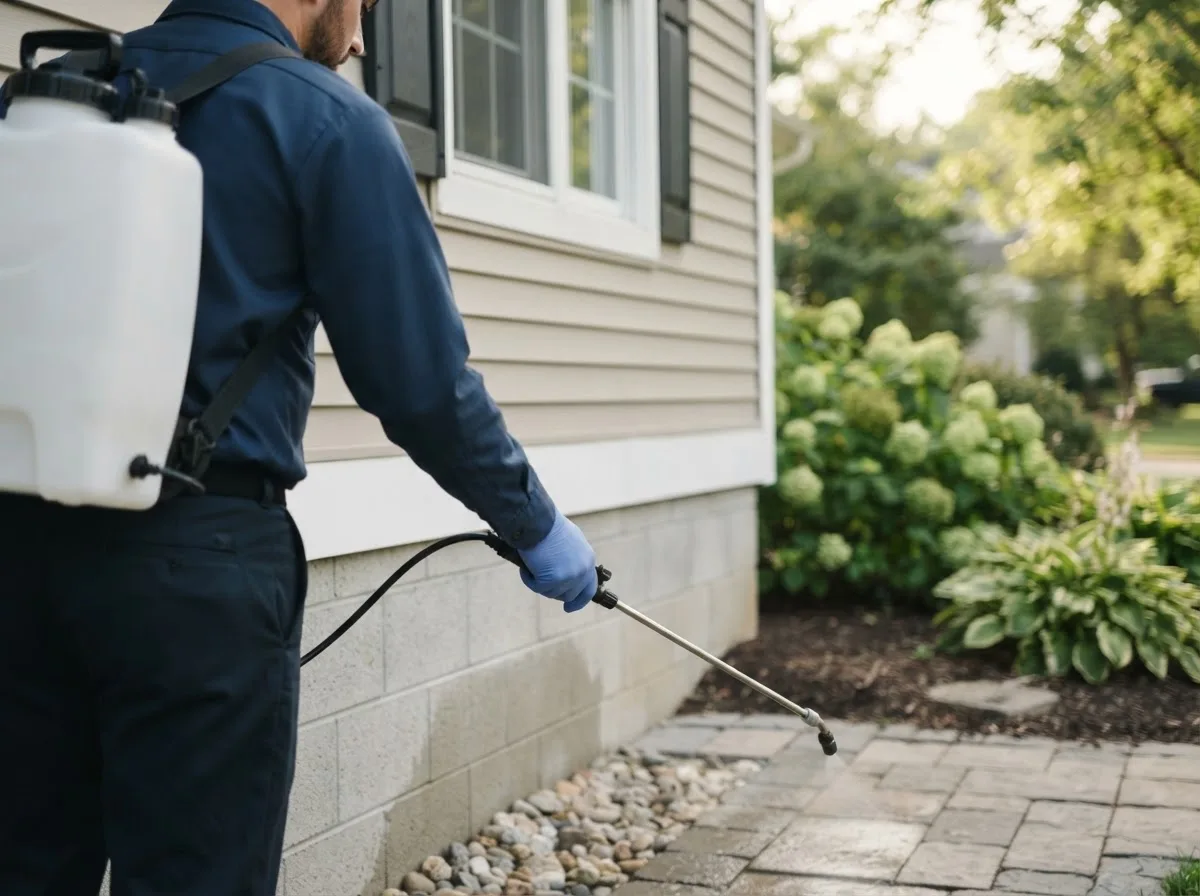 Pest control technician inspecting a home in La Farge, WI